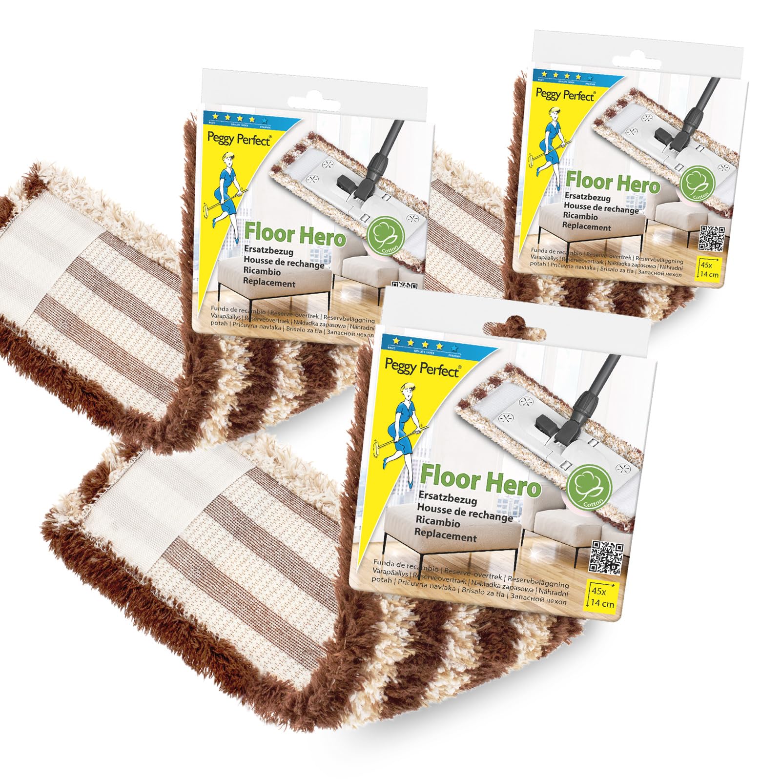 Peggy Perfect 3er Set – waschbarer Wischmopp Mikrofaser Ersatzbezug „Floor Hero Parkett/ Laminat“ Gr. von 45x14cm, geeignet für ca. 39x11cm große Bodenplatten. Effiziente, sanfte Bodenreinigung.