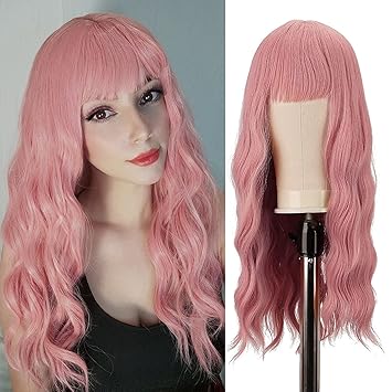 FESHFEN Pink Long Wig with Bangs for Women 24 inch Curly Wavy Synthetic Heat Resistant Costume Cosplay Wigs for Girl Natural Wigs for Daily Party