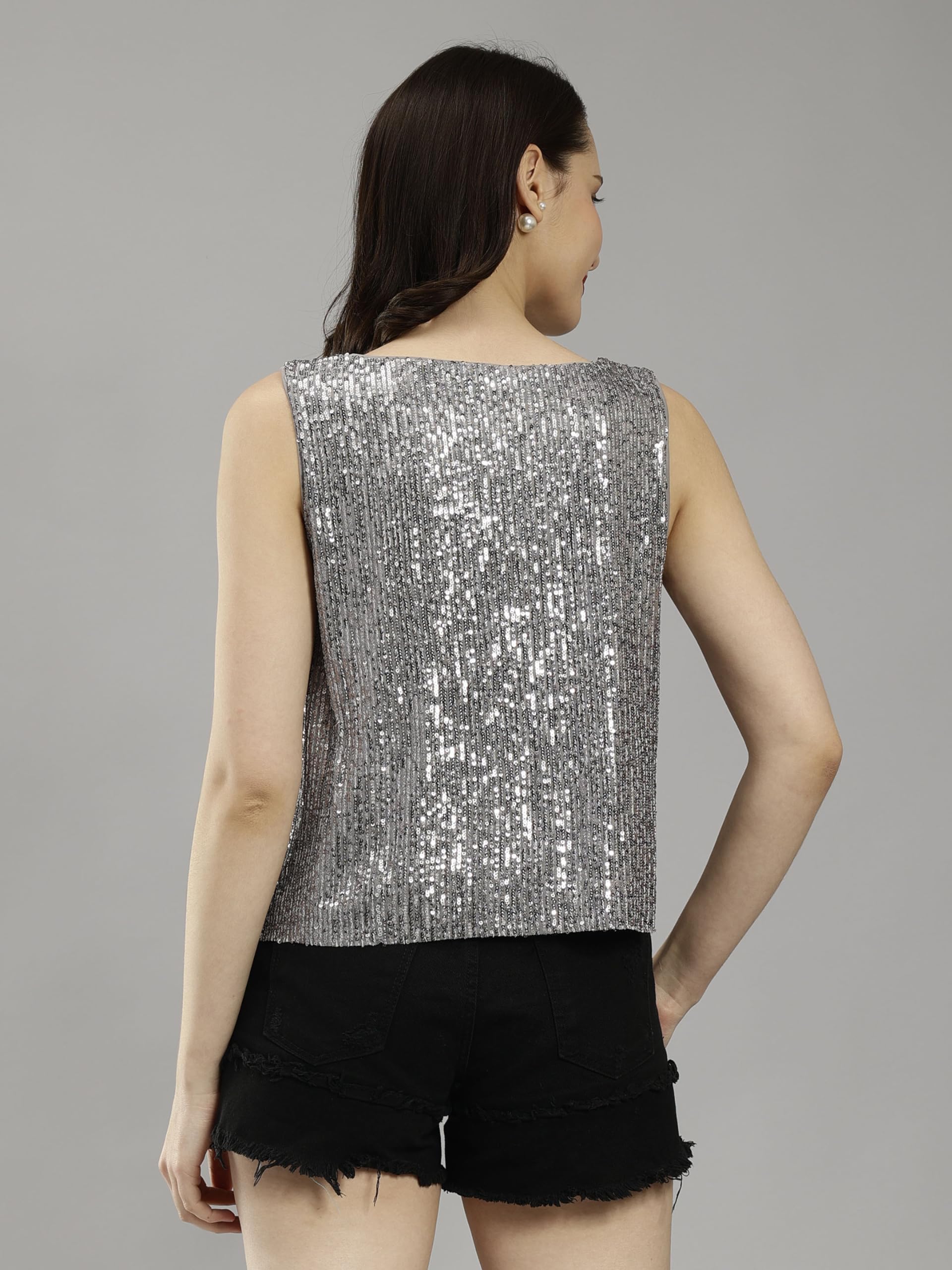 SAFFE Women's Casual Dazzling Round Neck Embellished Sleeveless All Over Sequin Vest Tank Top|Evening, Cocktail, Pub, Concert, Dance, Bachelor Party (Grey_M) 4