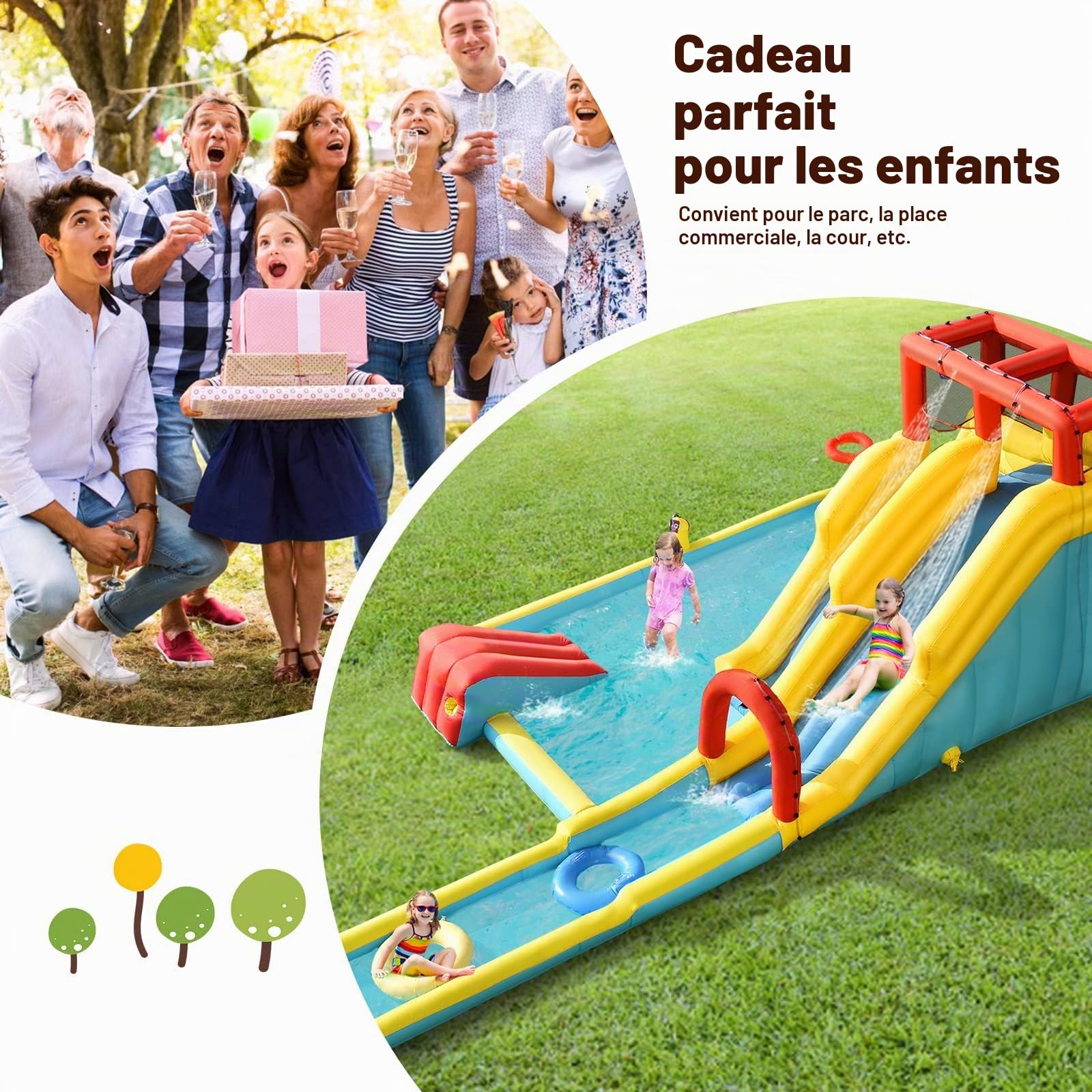 FANTASK Château Gonflable avec Sac de Transport, bouées, Basket-Ball Gonflable et kit de réparation Toboggan Aquatique, Parc Aquatique pour l'extérieur, avec Pistolet à Eau, Mur d'escalade et Panier