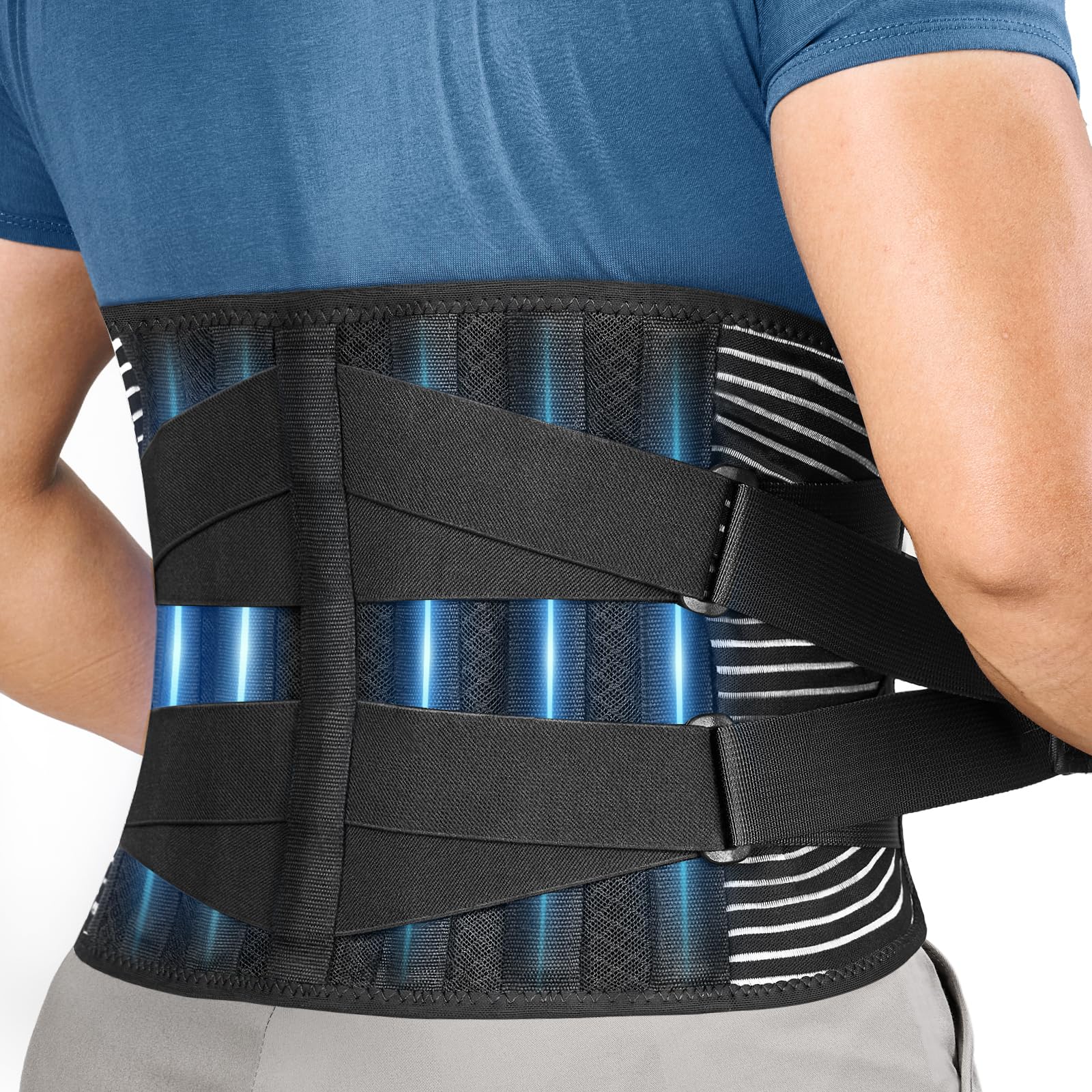 FREETOO Starke Unterstützung Rückenstützgürtel, Atmungsaktive Rückenbandage Herren Damen mit 6 Metallstützstangen, Verstellbare Rückengurt für Rückenschmerzen, Ischias, Bandscheibenvorfall, Skoliose
