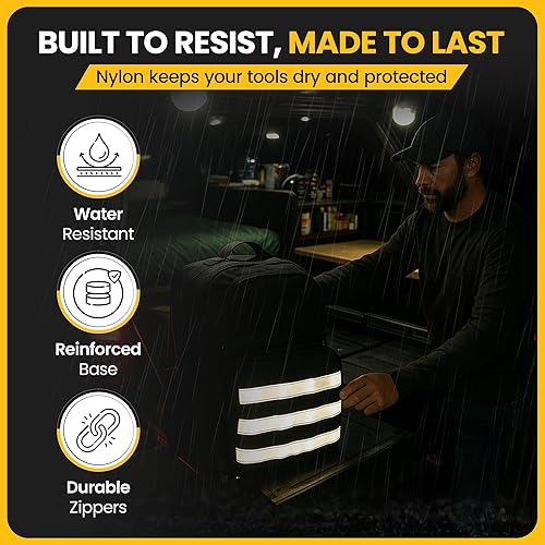 Miniatura 4 de Mochila de herramientas resistente con 3 bolsas de almacenamiento, bolsa organizadora de herramientas táctica reflectante con soporte acolchado para