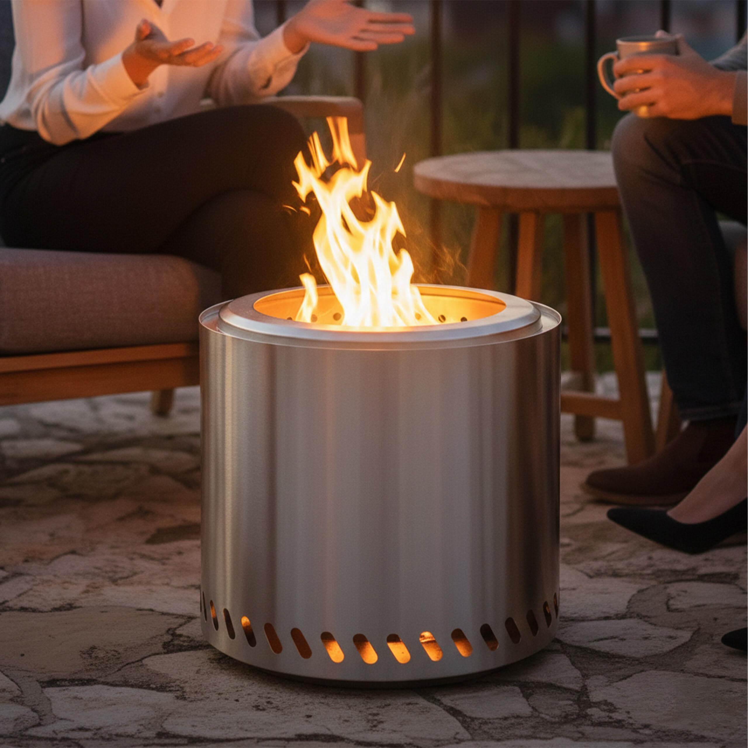 Relaxdays Feuerschale ohne Rauch, Edelstahl, HxD: 36 x 38 cm, Aschebehälter & Tasche, rauchfreie Feuerstelle, Silber