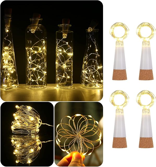 KOBWA 4 PCS Wine Bottle Cork Lights, USB Powered Rechargeable Copper String Lights - 59Inch 15 LEDs for Bottle DIY, Wedding, Halloween, Christmas, Party Decor (Warm White) (Warm White)