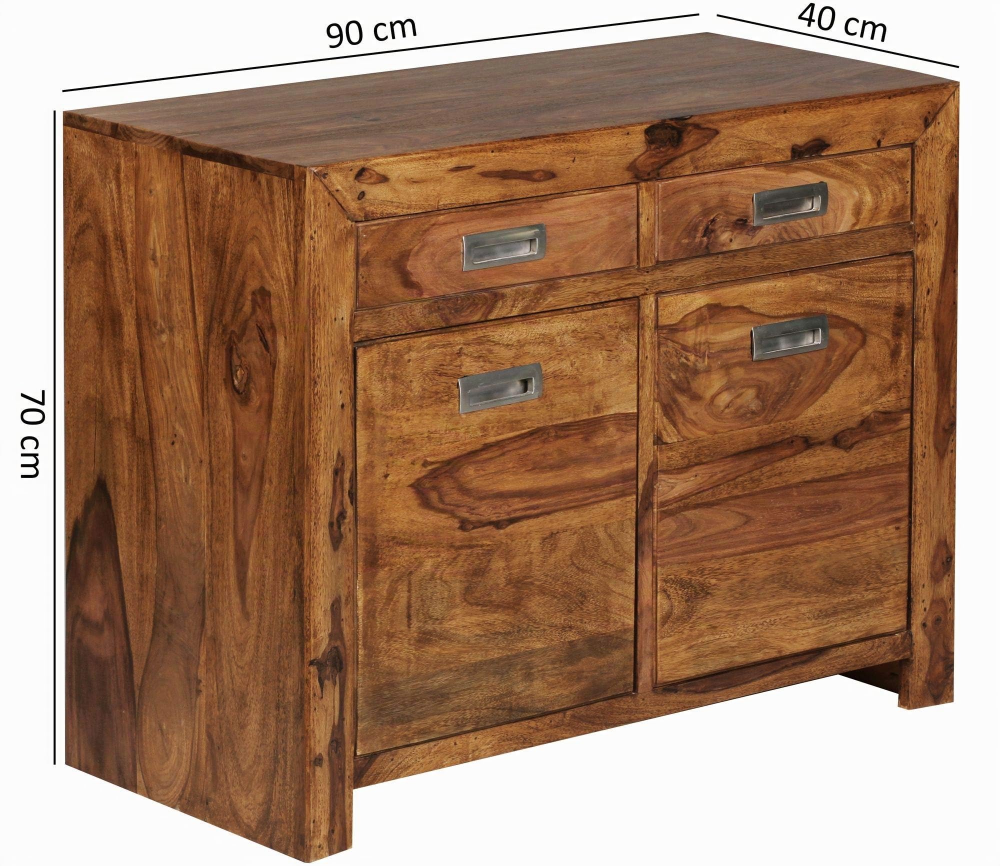 Buffet en bois massif Sheesham 90 cm, avec 2 portes et tiroirs, grand espace de rangement, idéal pour le couloir ou le salon, fait à la main