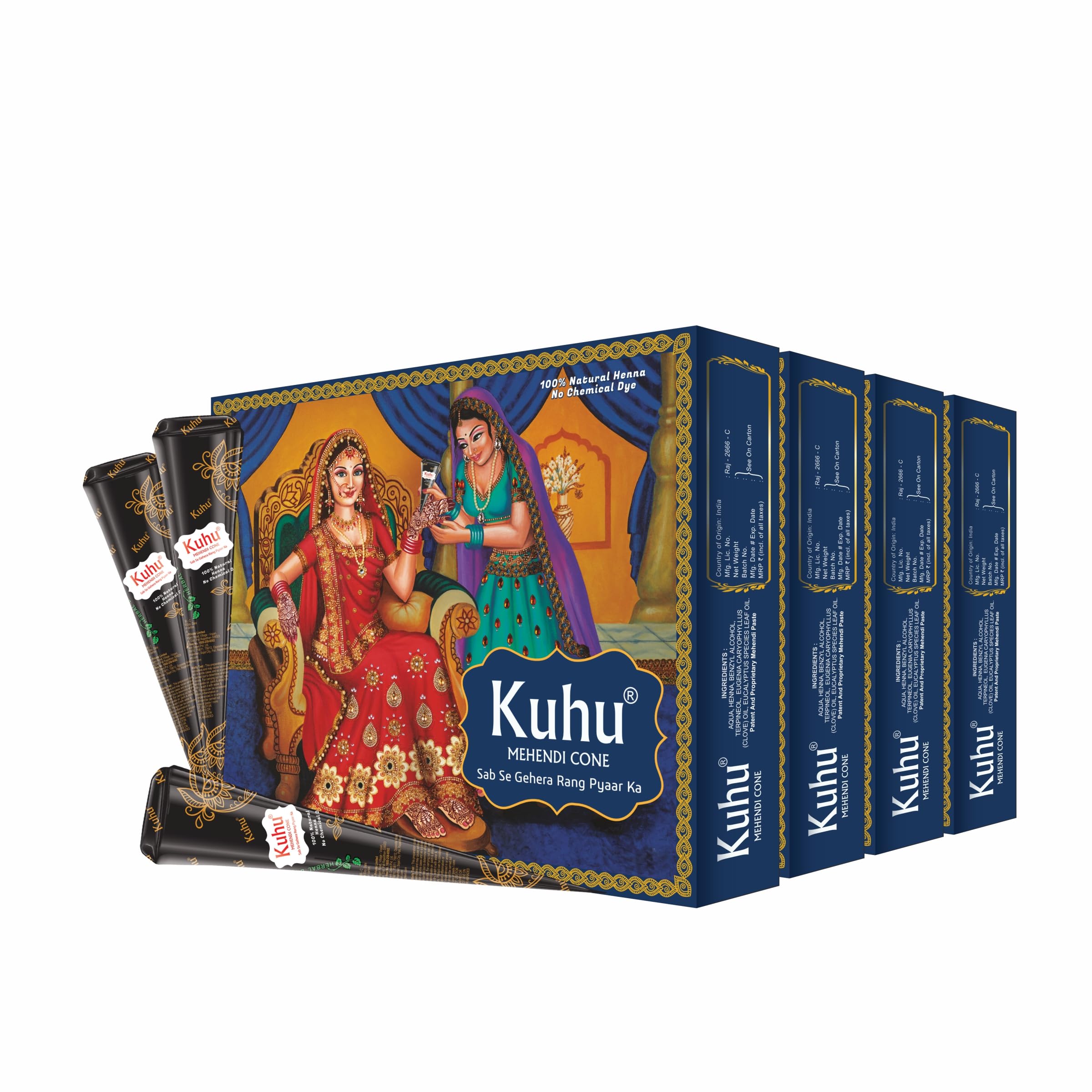 Kuhu Hand Designing | Without Chemical | Long Lasting | for Men Women | of 12 Pieces | Natural Mehandi Cone - 350 GRM (Pack of 4, Blue)-picture-42