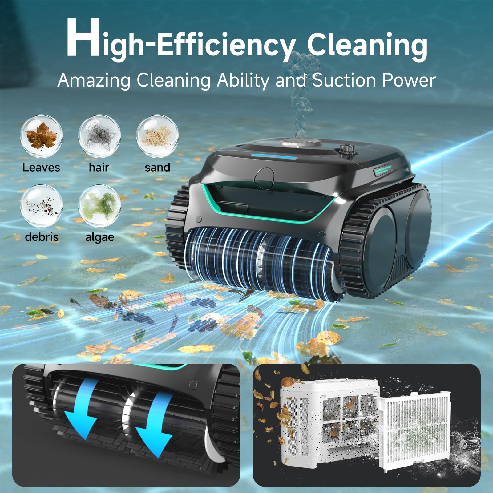 (2026 Upgraded) WYBOT C2 Cordless Pool Vacuum Robot, Dual Filtration, Wall Climbing & Waterline Cleaning, App Scheduling, Pool Cleaner for Inground/Above Ground -2152 Sq.ft, Obsidian-Black - 3