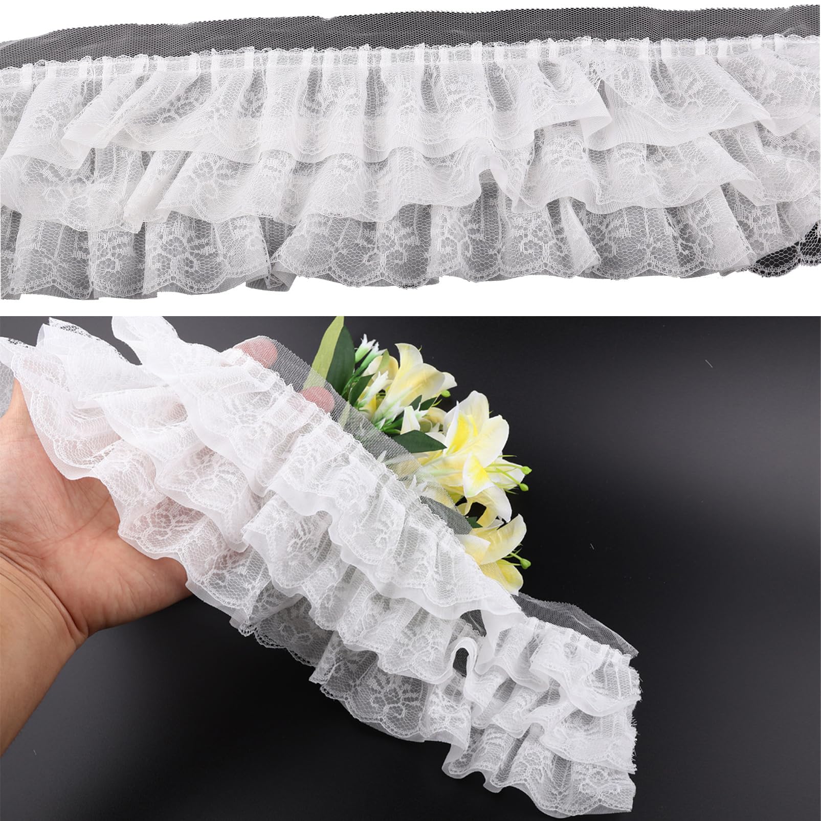 KEJNYT White Lace Trim Ruffle Ribbon 13cm Wide 5 Yards 3 Layer Lace Fabric