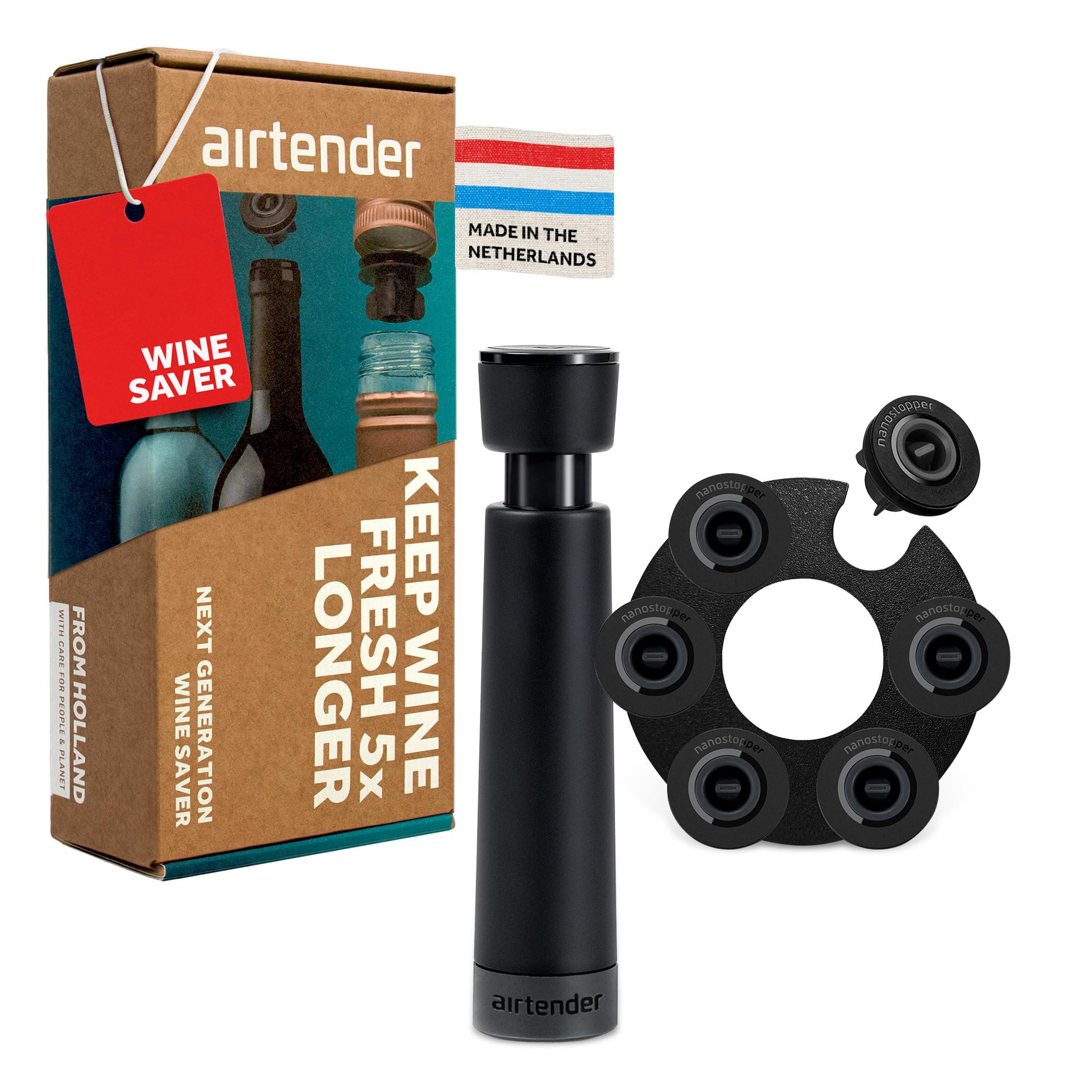 Airtender - Pompa sottovuoto per vino - 6 tappi per vino - sottovuoto - a prova di perdite - confezione regalo