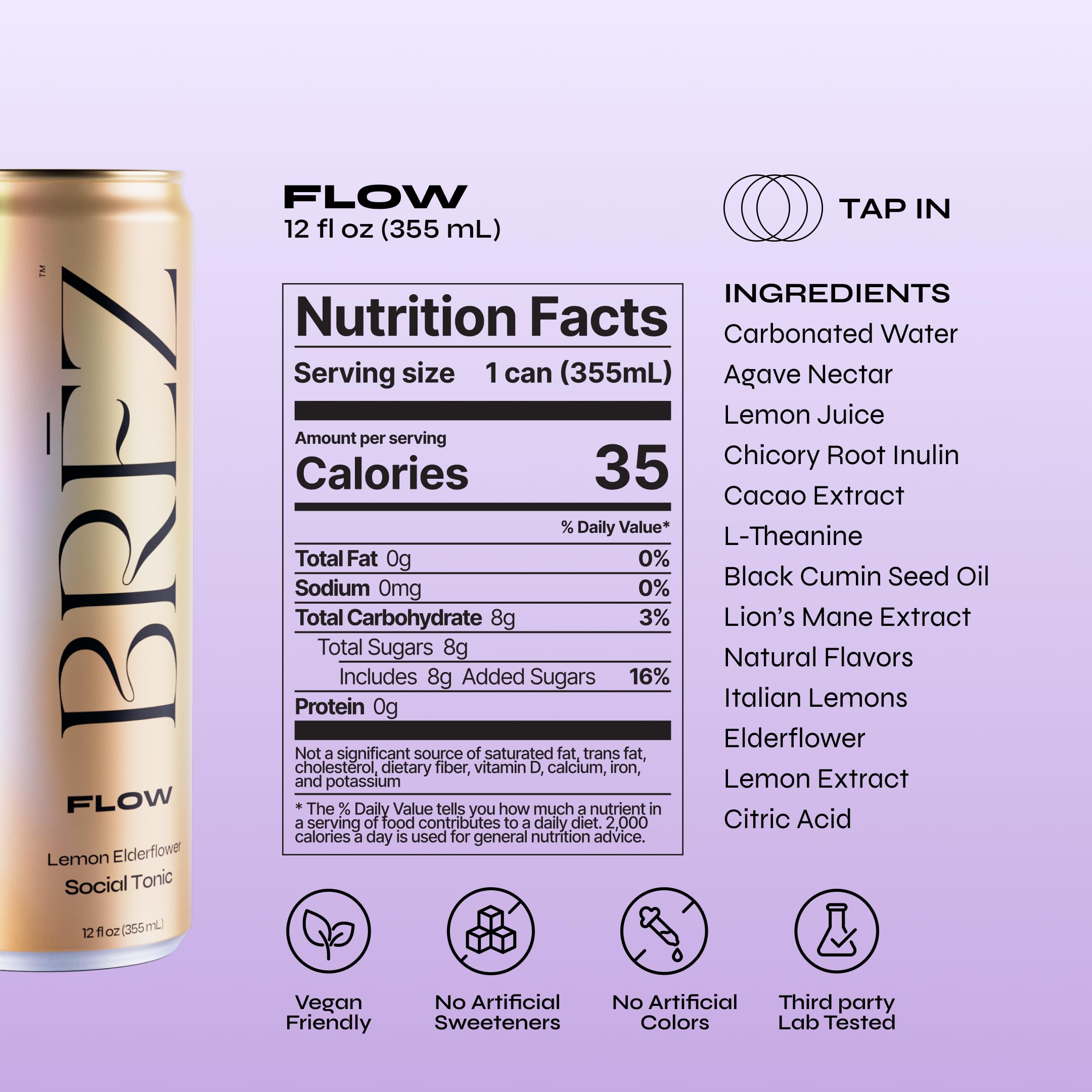 BRĒZ Flow Alcohol Alternative Drink, Non Alcoholic Sparkling Tonic, 8 Pack — Amazon image 2