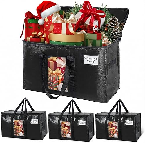 TAILI - Bolsas de mudanza extra grandes, paquete de 4 bolsas negras resistentes para almacenamiento con ventana visible, asas envolventes,