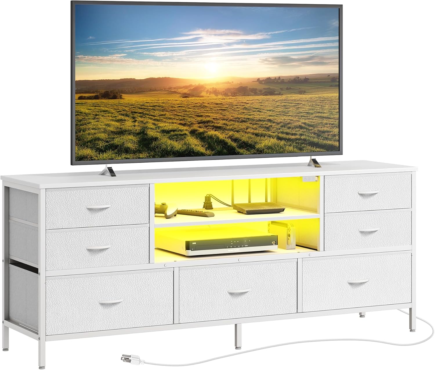 Huuger Dresser for Bedroom with Power Outlets and LED Lights, 7 Drawers TV Stand Dresser for 60 Inch TV, TV Console with Open Shelf, 55 Inches Wide White Dresser, PU Leather White 54 Inches