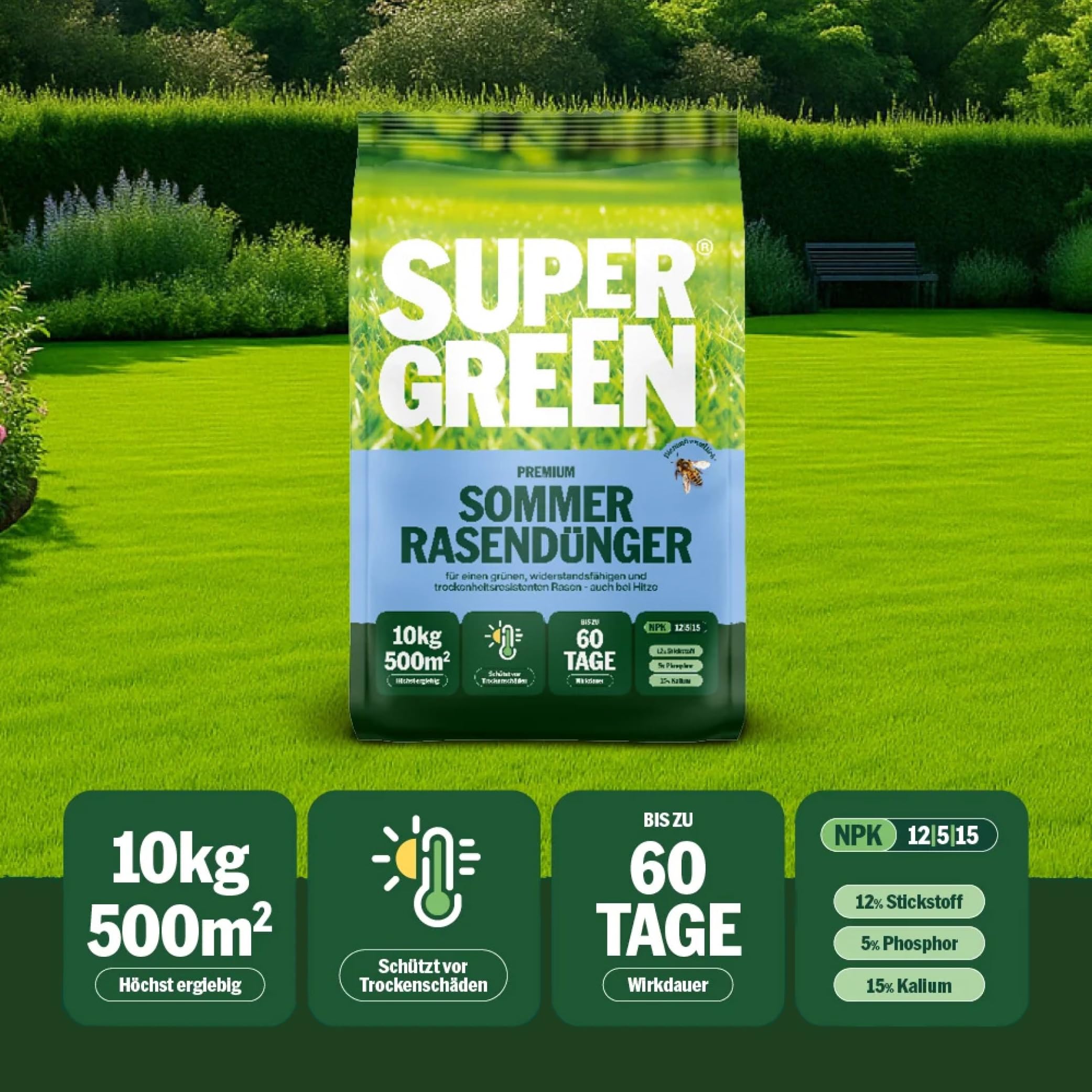 SUPERGREEN Sommer-Rasendünger Langzeitformel 10kg NPK 12-5-15 Granulat 2-5 mm