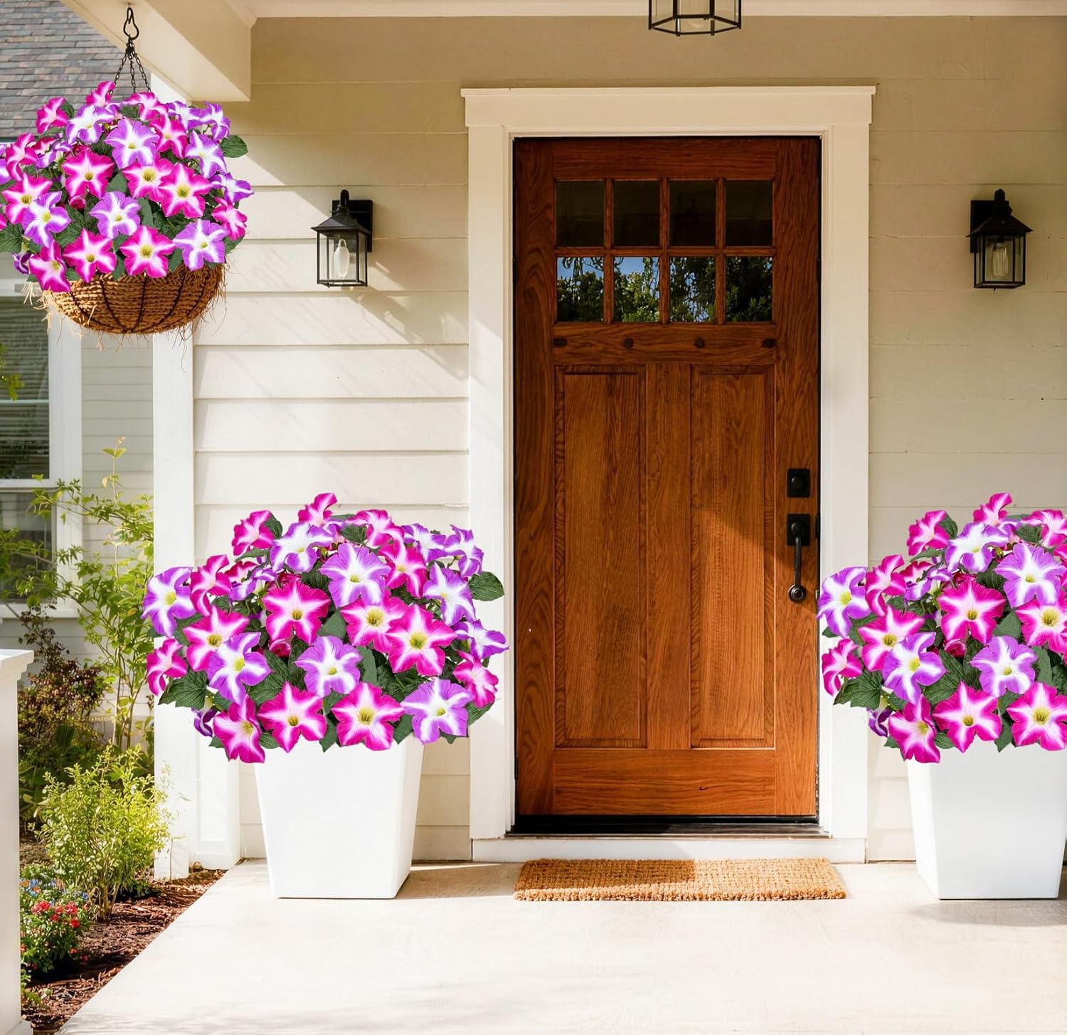 Artificial Outdoor Flowers UV Resistant Faux Petunias Silk Flower Faux Flowers Fake Plants for Garden Patio Window Box Home Porch Decor 4 Bundles (Purple Red)