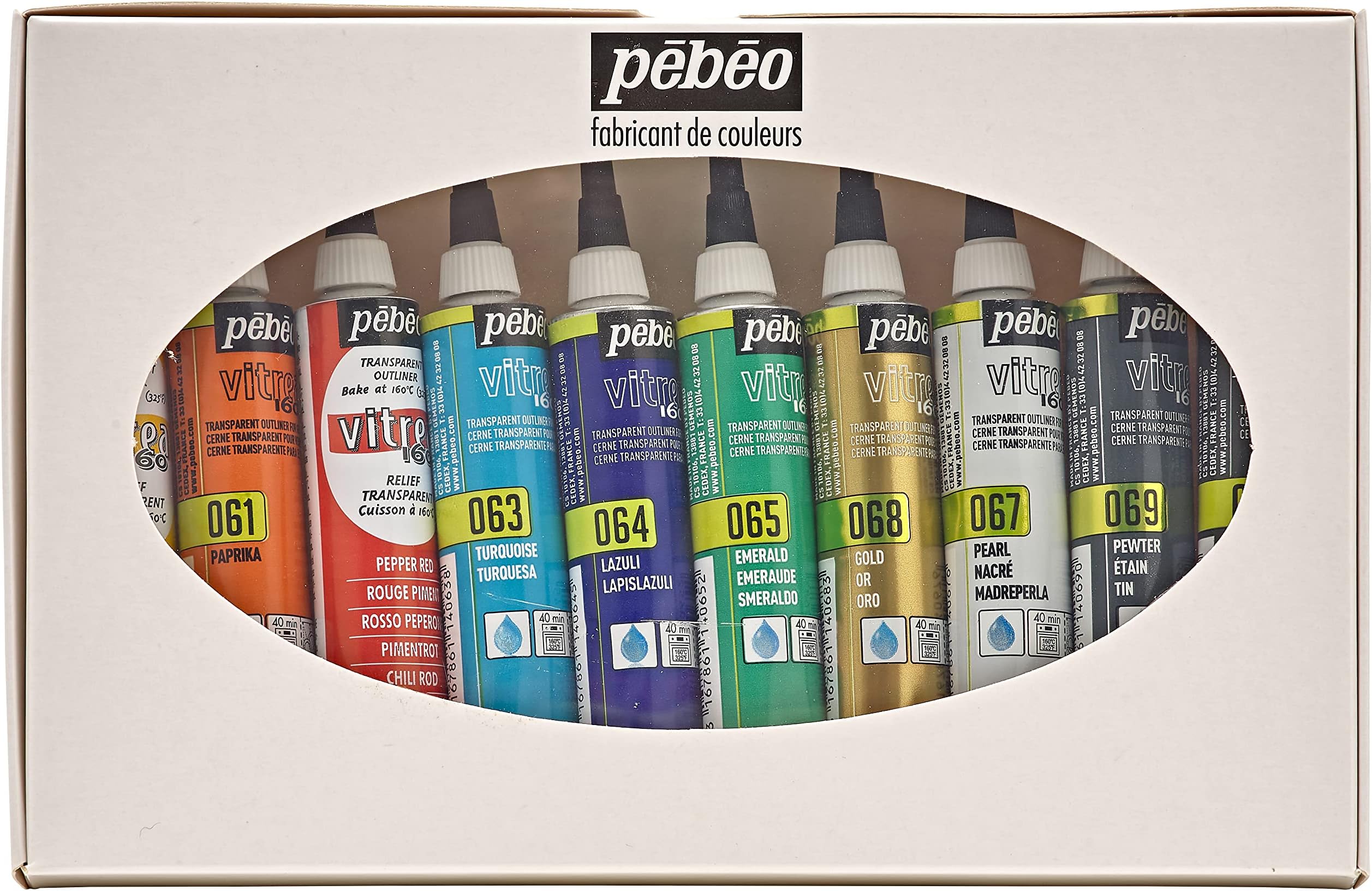 PEBEO 20 ml Vitrea 160-Glass Paint Outliner Set Cardboard, Box of 10, Assorted Colours, Brown, 114100