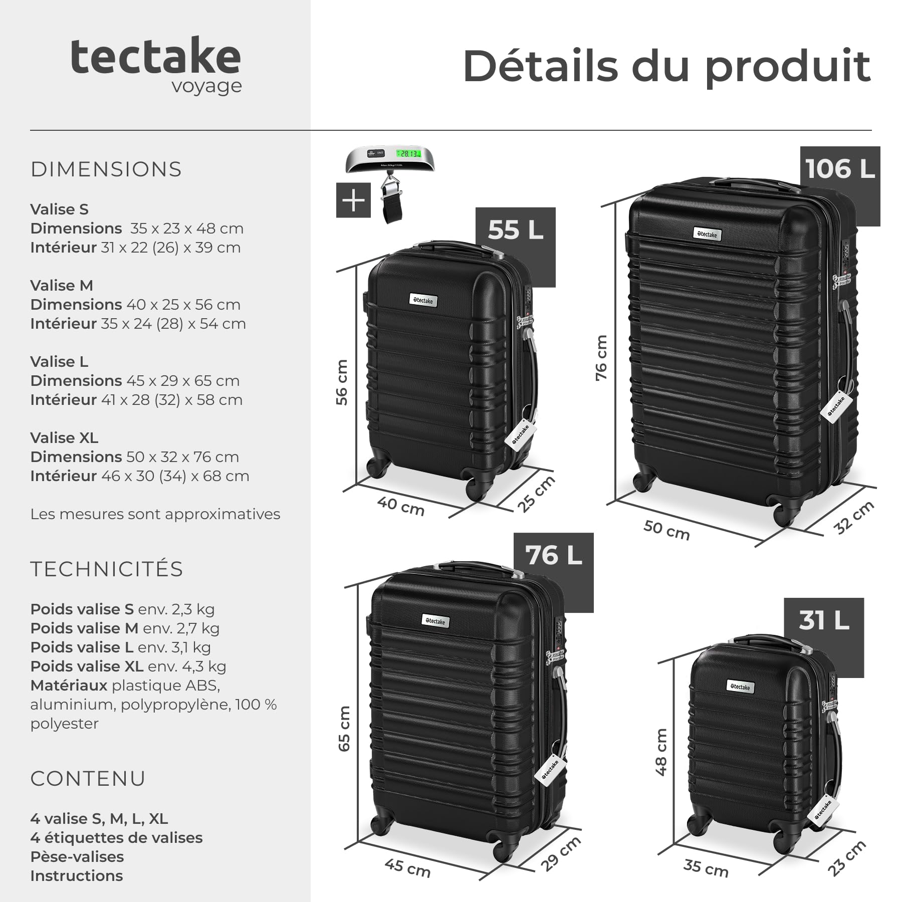 tectake® Set de Valises de Voyage 4 Tailles Valise Grande Taille, Cabine Petite Valise Sacs de Voyage Valises Maternité ABS avec roulettes Pivotantes 360° Cadenas Poignée télescopique