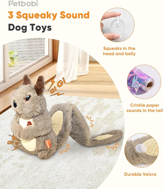 Juguete de Peluche para Perro Petbobi, Ardilla con Chirrido y Bolsillos para Golosinas miniatura 3