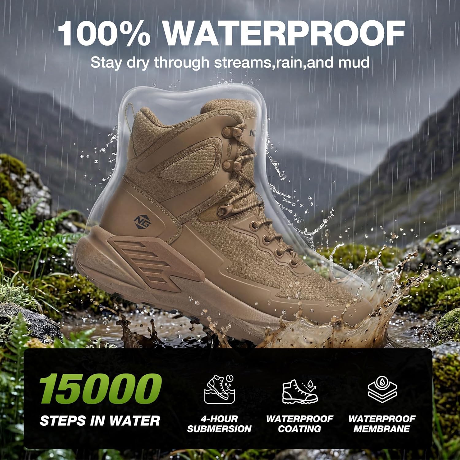 NINGO Men's Military Tactical Waterproof Boots, Lightweight Breathable Work Combat Boots for All Day, Comfortable Non Slip Hiking Shoes for Motorcycle, Army, Jungle, Outdoor, Sport