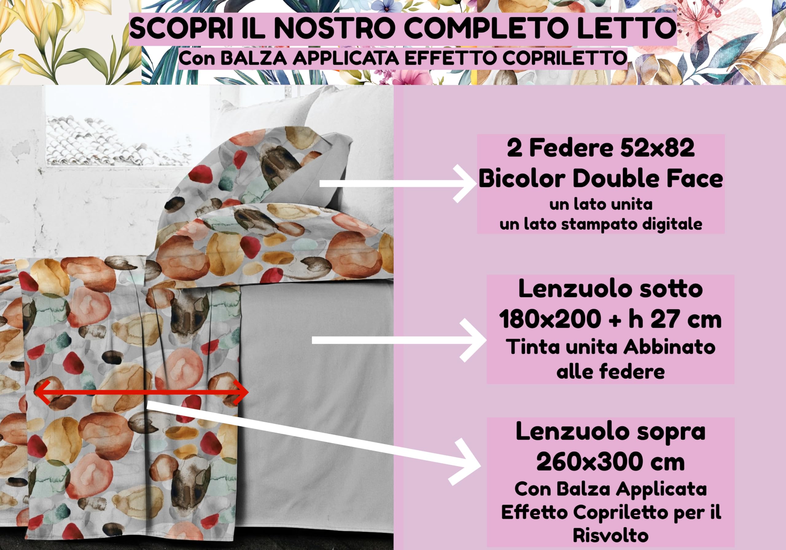 Riad Arredo Juego de sábanas para cama de matrimonio, 100% algodón, percal con impresión digital, juego de sábanas de alta calidad con volante efecto colcha muy suave, artesanal, fabricado en Italia