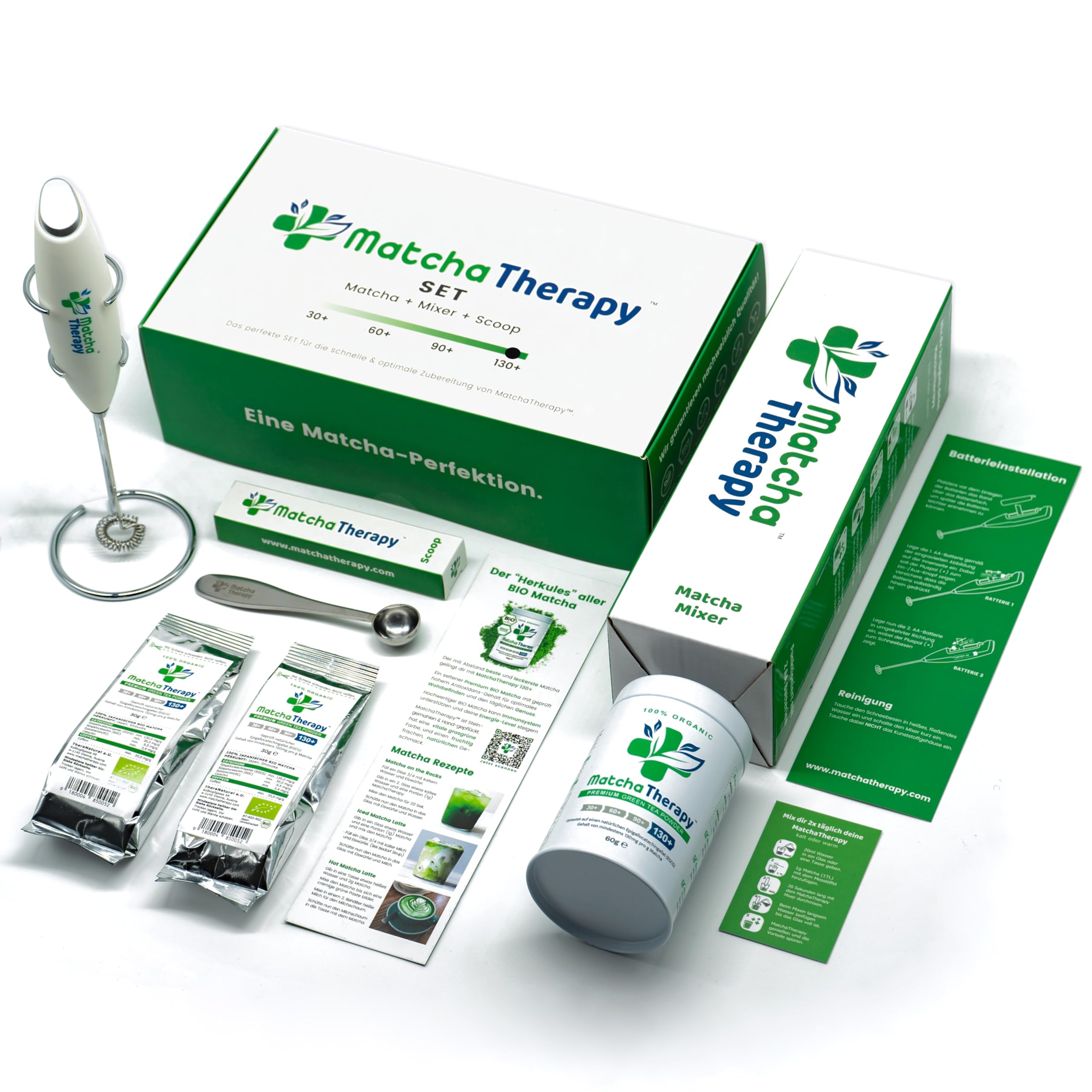 MatchaTherapy 130+ SET | BIO Matcha Tee Pulver 60g + Matcha Mixer + Matcha Messlöffel | Mit mindestens 130mg/g geprüftem EGCG-Catechin-Gehalt | Premium Grade | Grüntee aus Japan