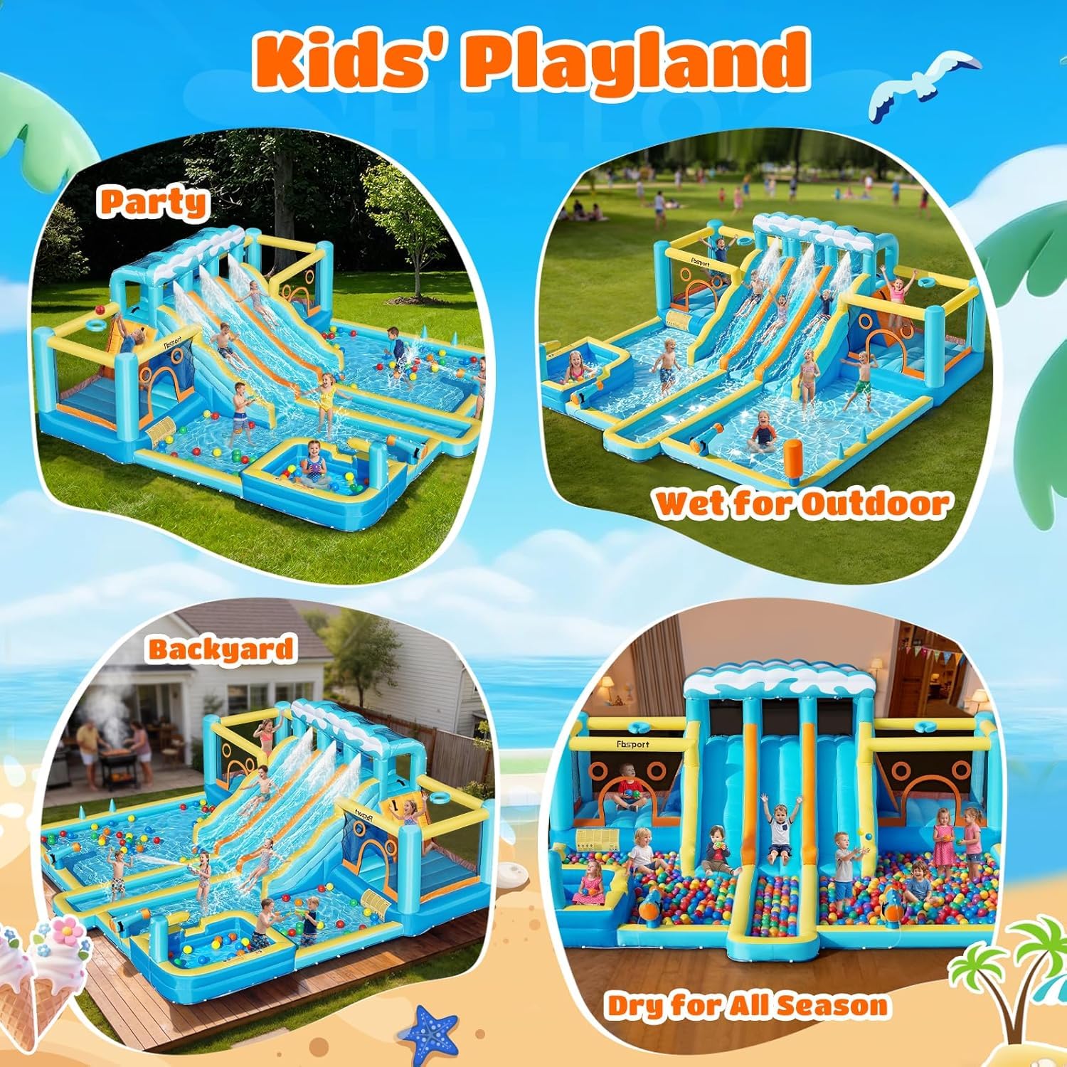 FBSPORT Aufblasbare Hüpfburg mit Gebläse,wasserpark hüpfburgen mit Wasserrutsche, Planschbecken, Sprungbereich & Kletterwand, für Innen- und Außenbereich