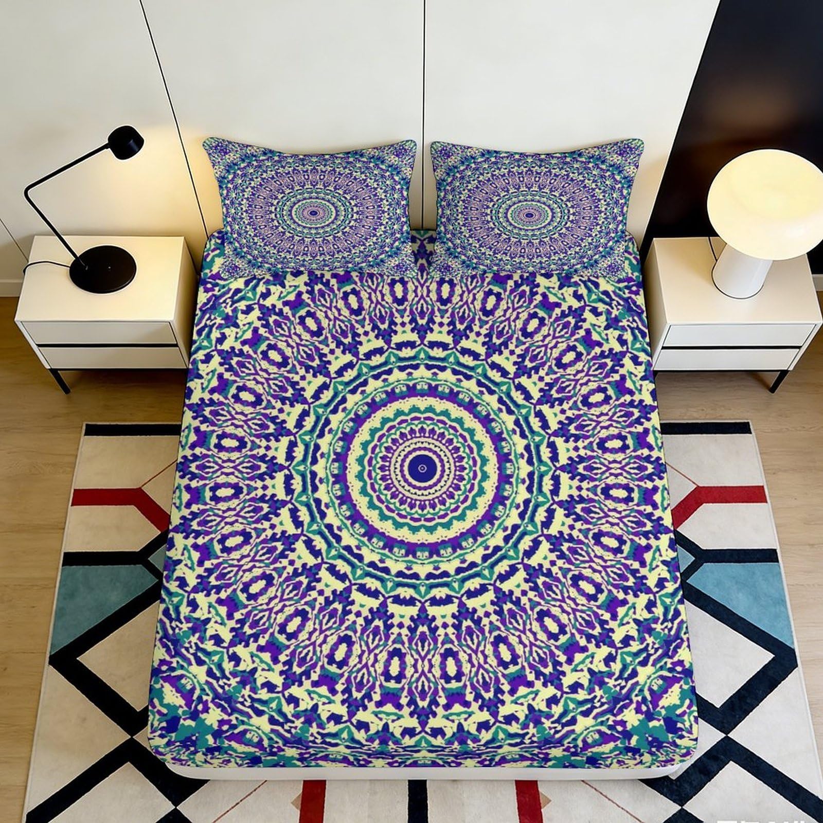 3D Printed Mandala Pattern Fitted Sheet Microfiber Deep Pocket Bedroom Bedding Mandala Mattress Fitted Cover Washable 200x200x25cm