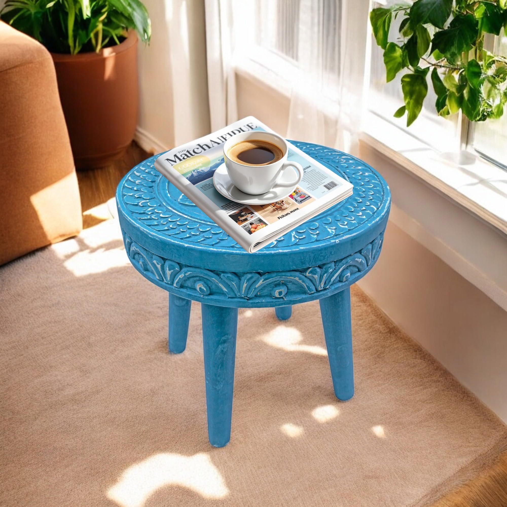 THE URBAN STORE TUSTB41 Small Sofa Side Table/Accent Table/Pot/Statue/Night Lamp Table for Living Room, Bedroom, Children Room (36 x 36 x36 CM) Blue-image-43