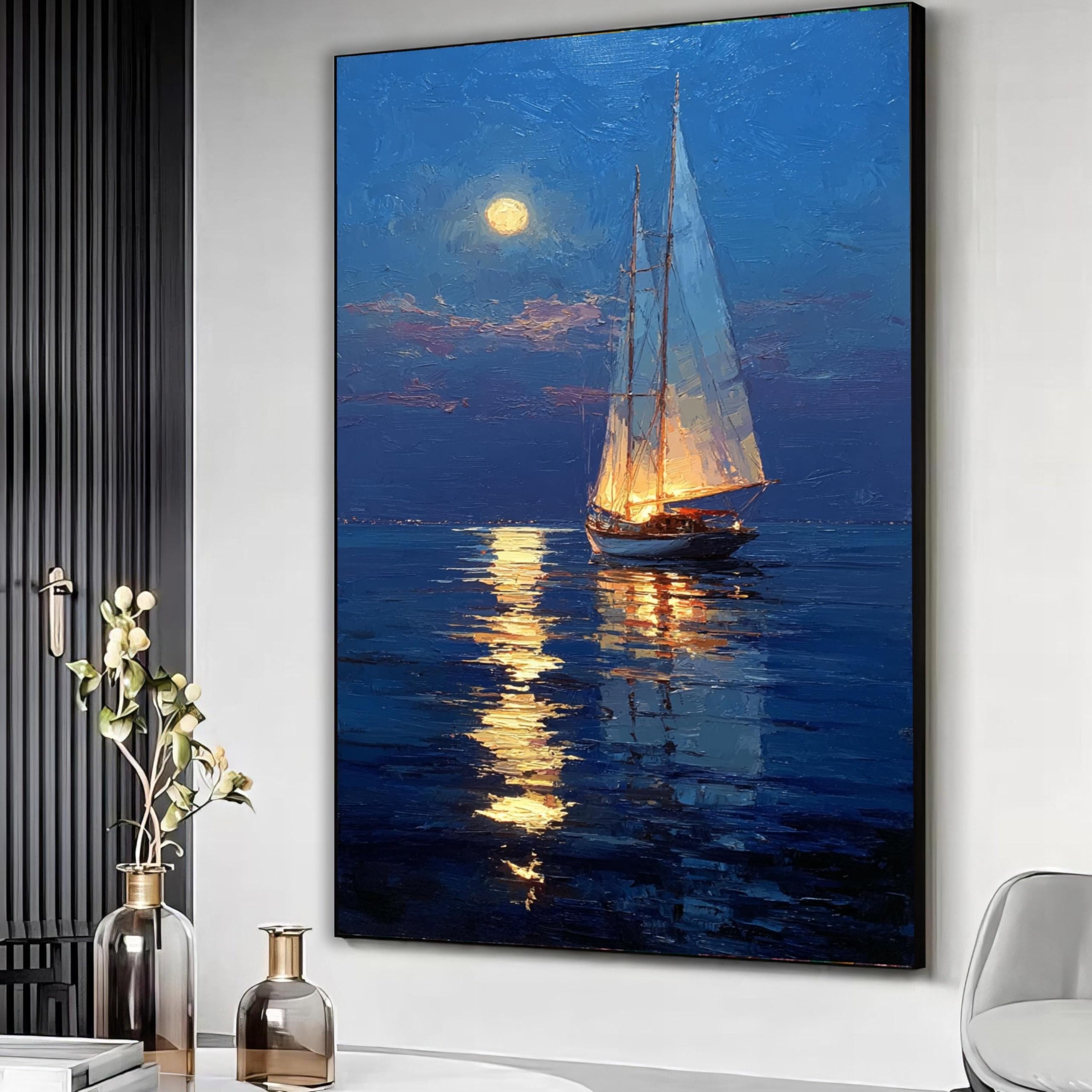 XBTYKPB Moonlit Sailboat Canvas Wall Art, Night Sea Landscape, Illuminated Yacht Painting, Nautical Decor, Canvas Ready to Hang(80x110cm/Frameless)
