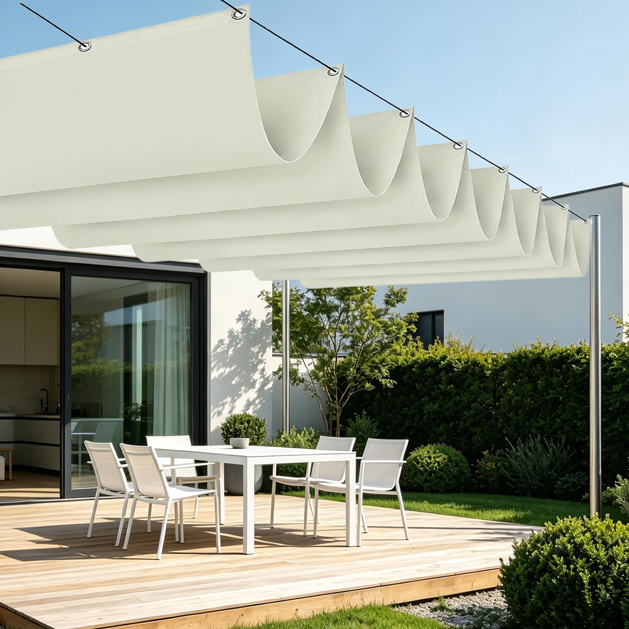 Voile d'ombrage rétractable vague 7x4m blanc cassé pour terrasse