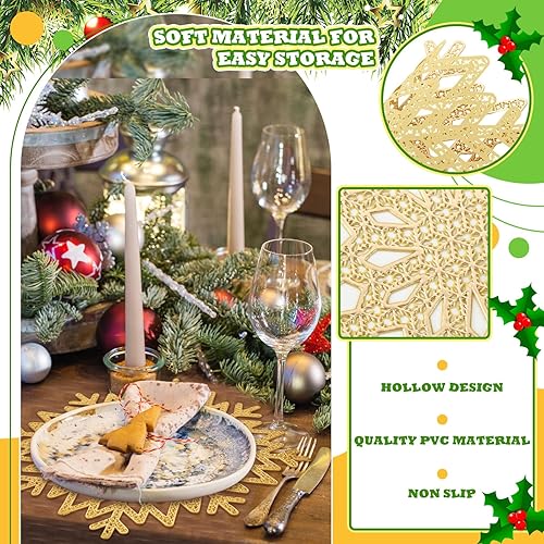 Miniatura 3 de Juego de 6 manteles individuales de Navidad con copos de nieve de 15 pulgadas, manteles individuales de invierno dorados con aislamiento térmico,