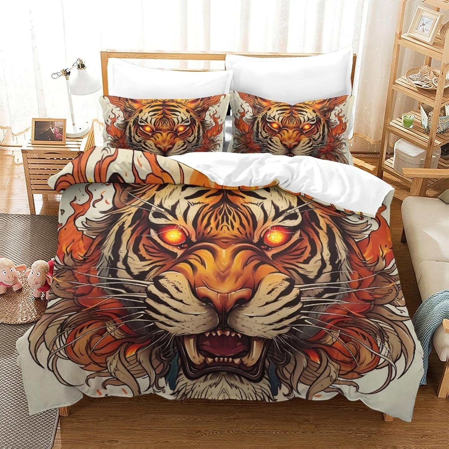 Housse de couette tigre en microfibre douce et zippée pour lit double