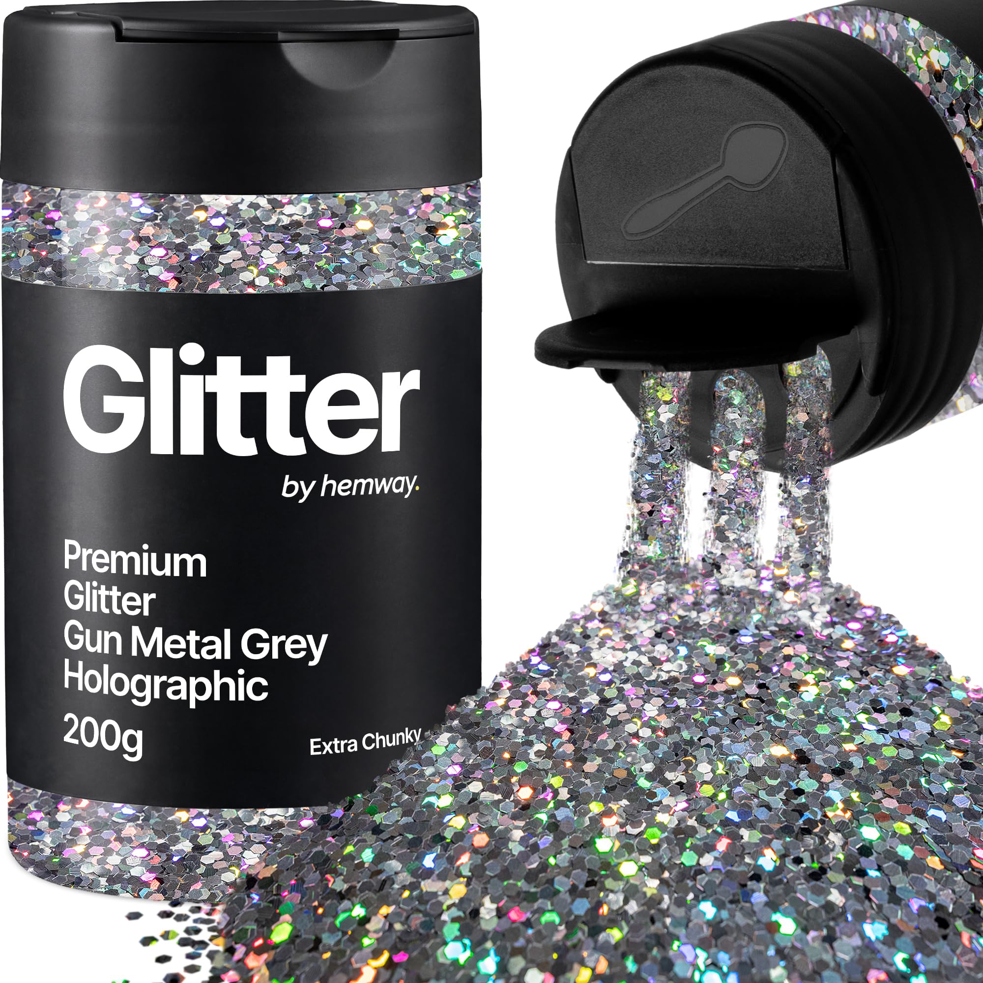 Hemway Gun Metal Grey Holographic Glitter Shaker, 200g Extra Chunky Glitter for Crafts Metallic Flake Sequins for Resin & Epoxy Crafts for Decorating, Halloween, Christmas, Nail, Face, Art