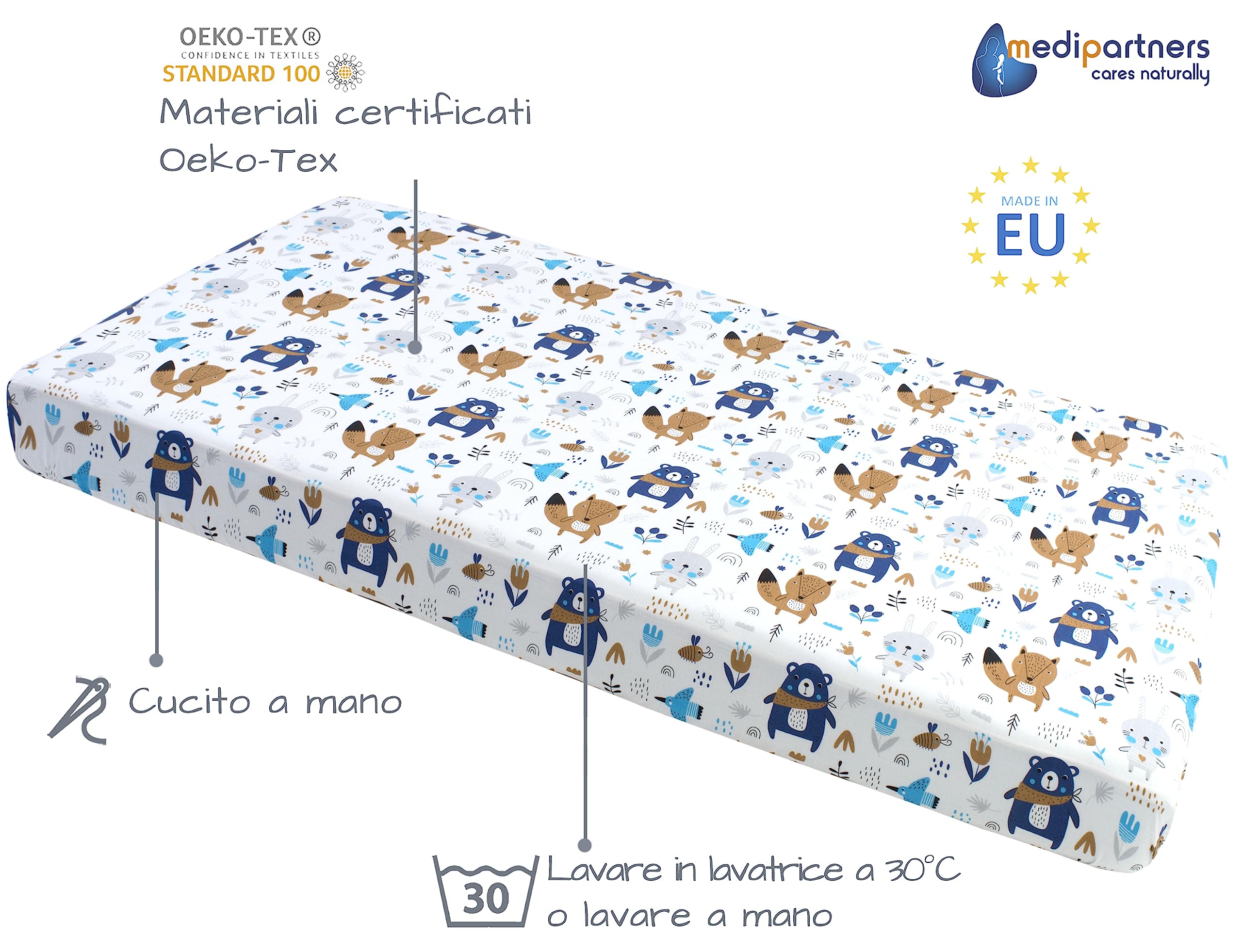 Medi Partners Lenzuola Lettino Neonato 60x120-100% Cotone Lenzuolo con Angoli Culla Coprimaterasso fitted Materassino Sheet Letto Bambino Lenzuolino (Boho Animals)