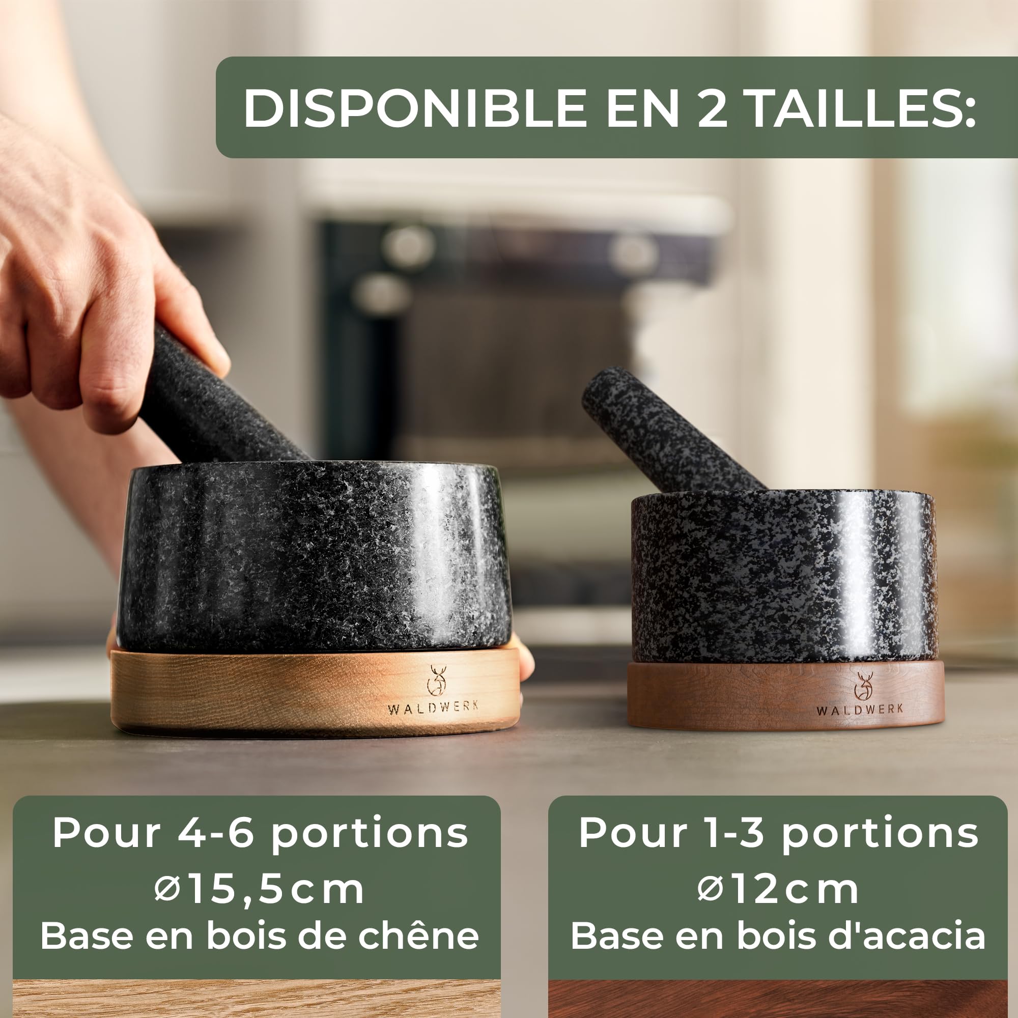 WALDWERK Mortier avec Pilon pour Cuisine (diamètre de 12 cm) - Mortier avec Base en Bois d’Acacia Élégante et Solide - Pilon du Mortier Extra Long en Granit Naturel