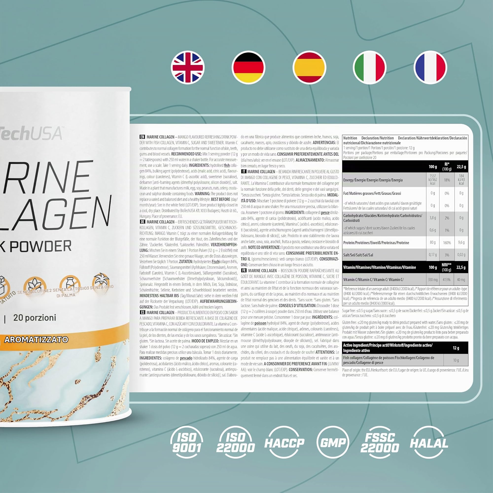BioTechUSA Marine Collagen | collagene marino con vitamina C | Vitamina C per la normale formazione di collagene | da bere | 240 g, Mango