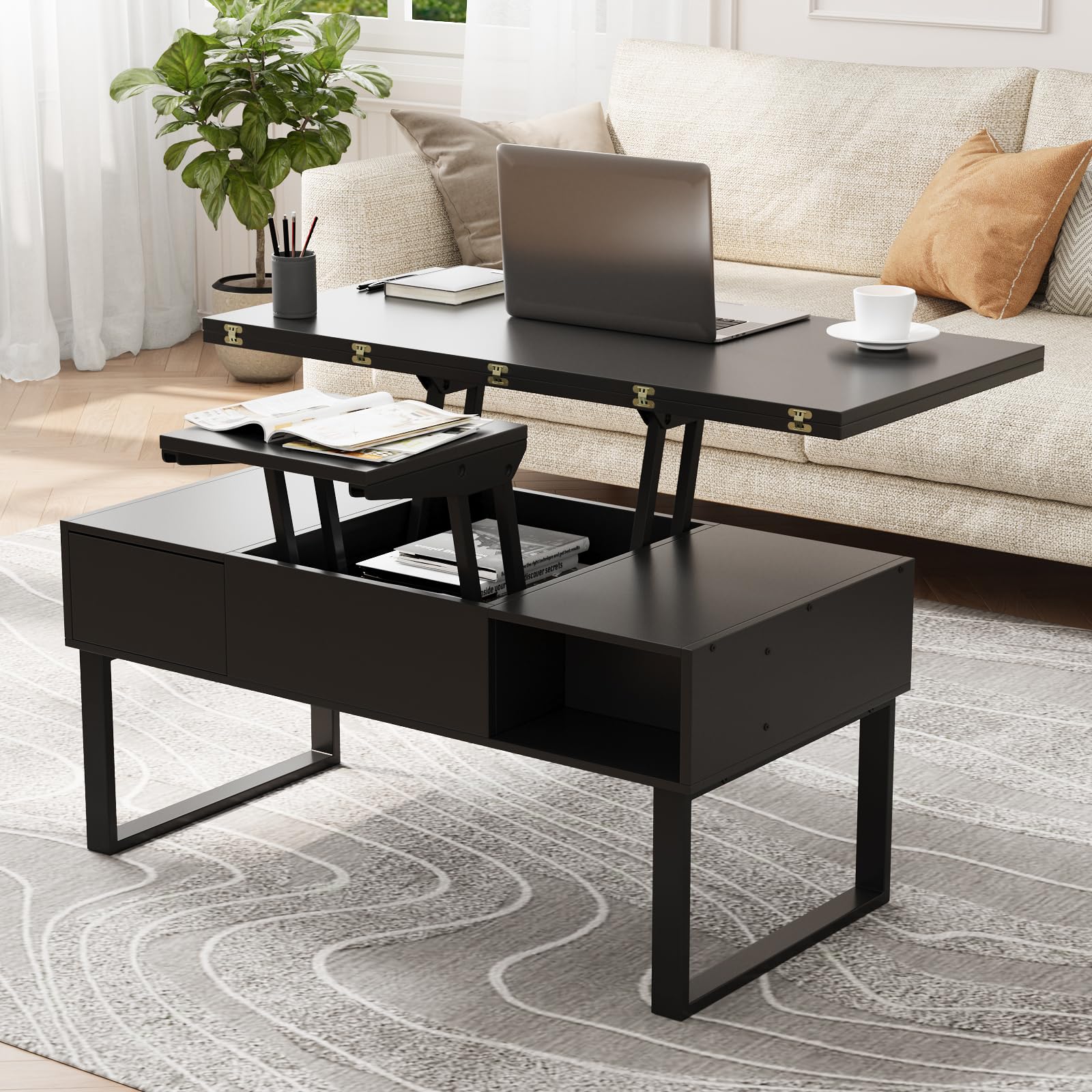VOWNER Mesa de Centro de Altura Ajustable, Mesa de Salón Multifuncional 3 en 1 con 2 Cajones y Almacenamiento Oculto, se Puede Utilizar como Mesa de Comedor (Negro)