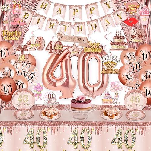 Decoraciones de cumpleaños número 40 para mujer, juego de 127 piezas de suministros para fiesta de cumpleaños de 40 años, incluye pancarta de feliz