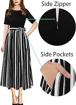 VFSHOW Womens Black and White Striped Print Patchwork