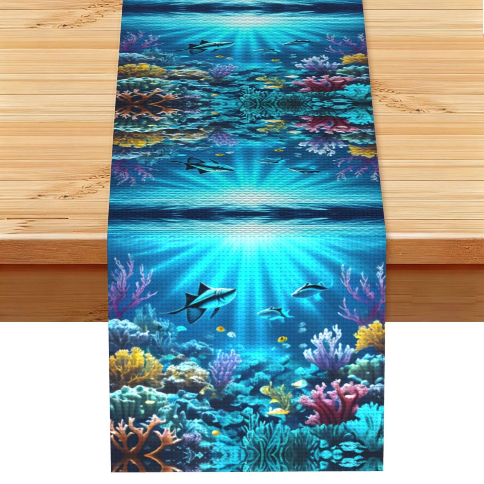 Submarine Coral Rays Linen Look Table Runner 13x72-Wrinkle Resistant Farmhouse Style for Dining Table Decor