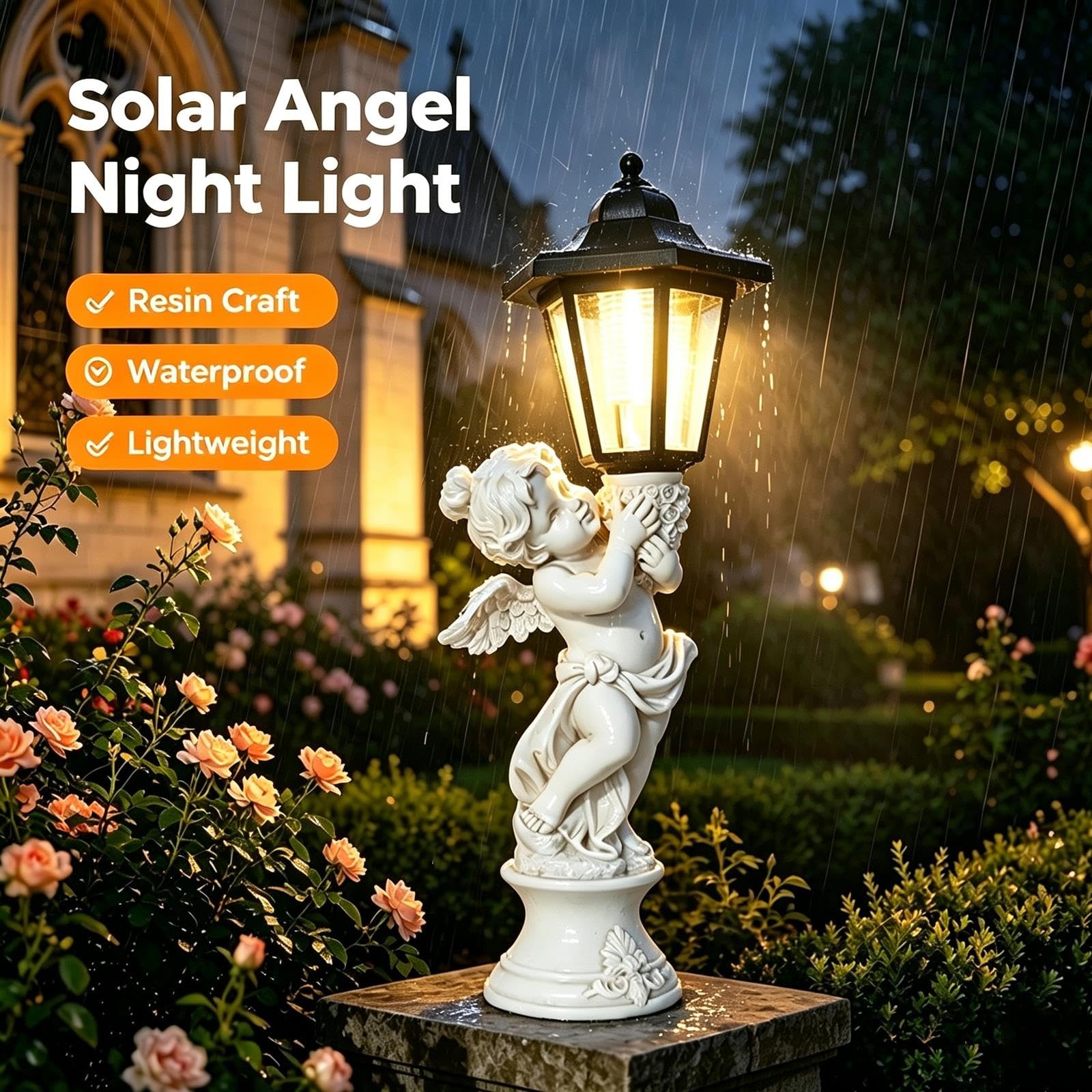 Statue da Giardino a Forma di Angelo, 2 Angelo Custode con Lanterna Solare