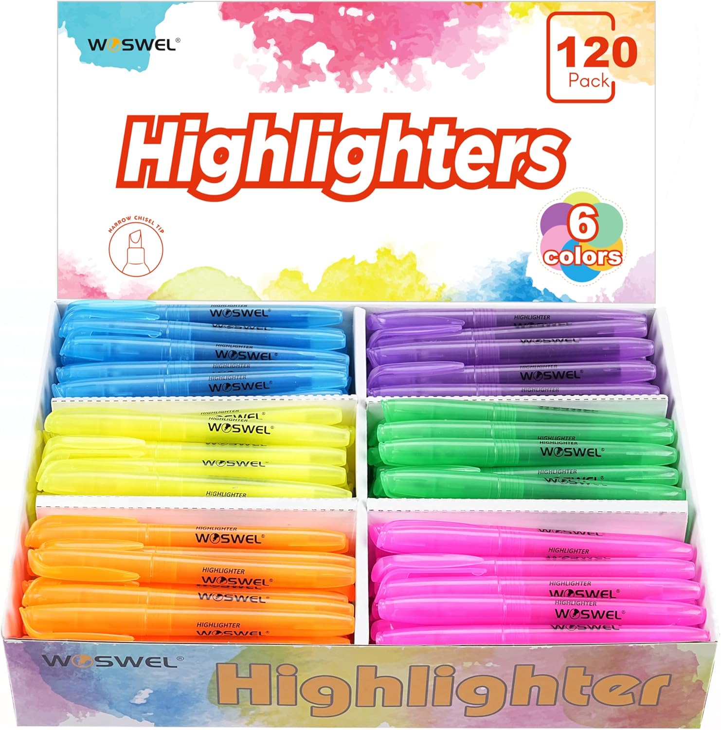 Highlighters Bulk, 120 Pack 6 Assorted Colors No Bleed Chisel Tip Highlighter Markers, Teachers Must Have, Office Supplies
