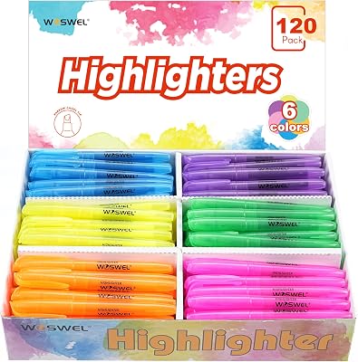WOSWEL Highlighters Bulk, 120 Pack 6 Assorted Colors No Bleed Chisel Tip Highlighter Markers, Teachers Must Have, Office Supplies