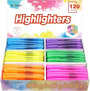 WOSWEL Highlighters Bulk, 120 Pack 6 Assorted Colors No Bleed Chisel Tip Highlighter Markers, Teachers Must Have, Office Supplies
