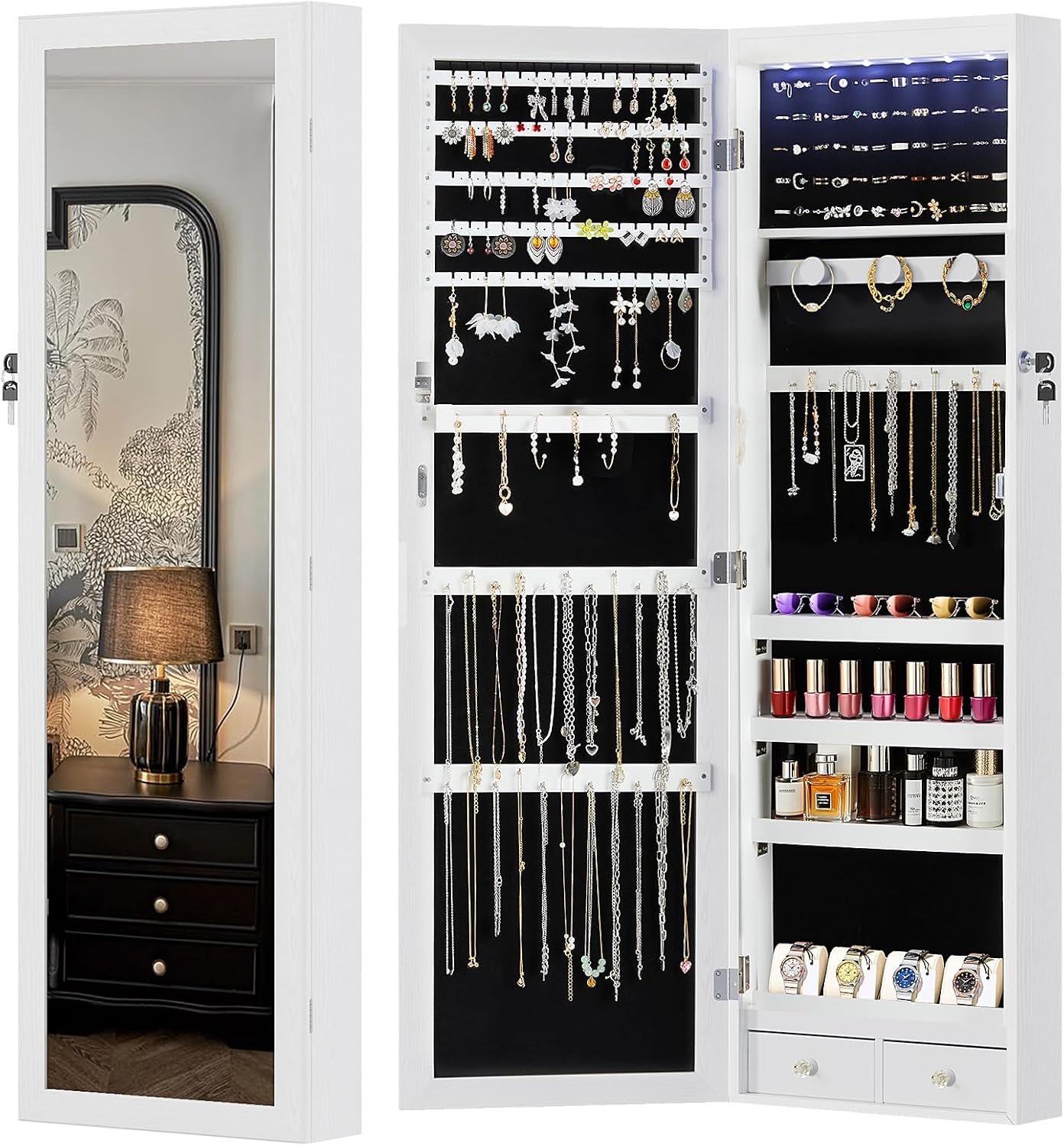 Sweetcrispy Freestanding Jewelry Armoire Cabinet, 47.3-Inch Full Length Jewelry Organizer Standing Mirror, Tall Lockable Large Capacity Makeup Organizer Storage, Velvet Lining, 3 Angles, White