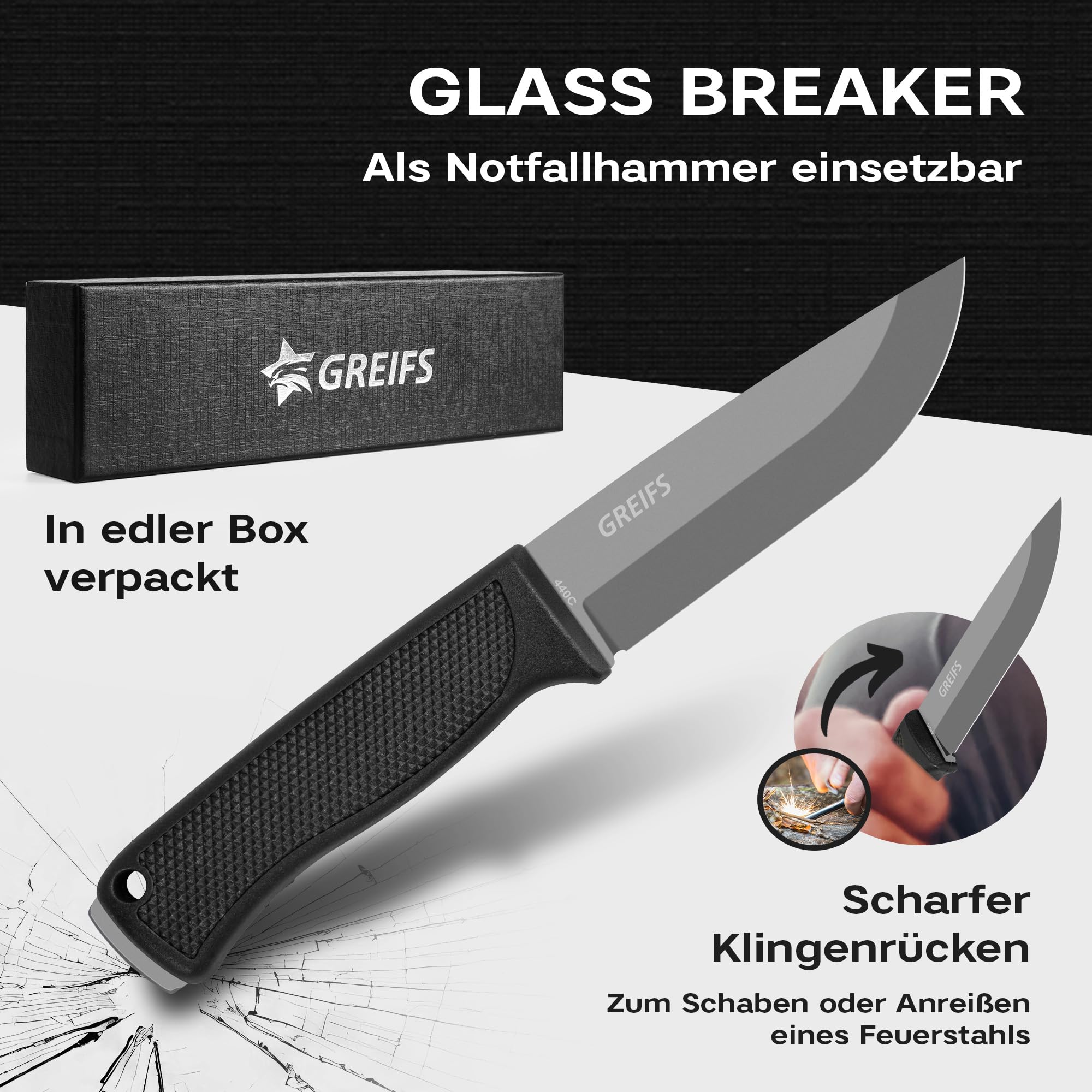 GREIFS® Outdoor-Messer G-Serie aus 440C Stahl mit Holster & Dangler, edles Survival Messer für die Bushcraft Ausrüstung, Jagdmesser, Schnitzmesser, Fahrtenmesser (G5/Schwarz)
