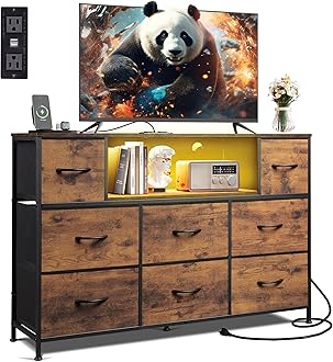 WLIVE Dresser TV Stand for 45, 50, 55 inch TV, Entertainment Center with LED Lights & Charging Station, Chest of Drawers with 8 Fabric Drawers and Open Shelves for Living Room, Hallway, Rustic Brown