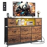 WLIVE TV Stand for 45, 50, 55 inch TV, Entertainment Center with LED Lights & Charging Station, TV Media Console Table with 8 Fabric Drawers and Open Shelves for Living Room, Hallway, Rustic Brown