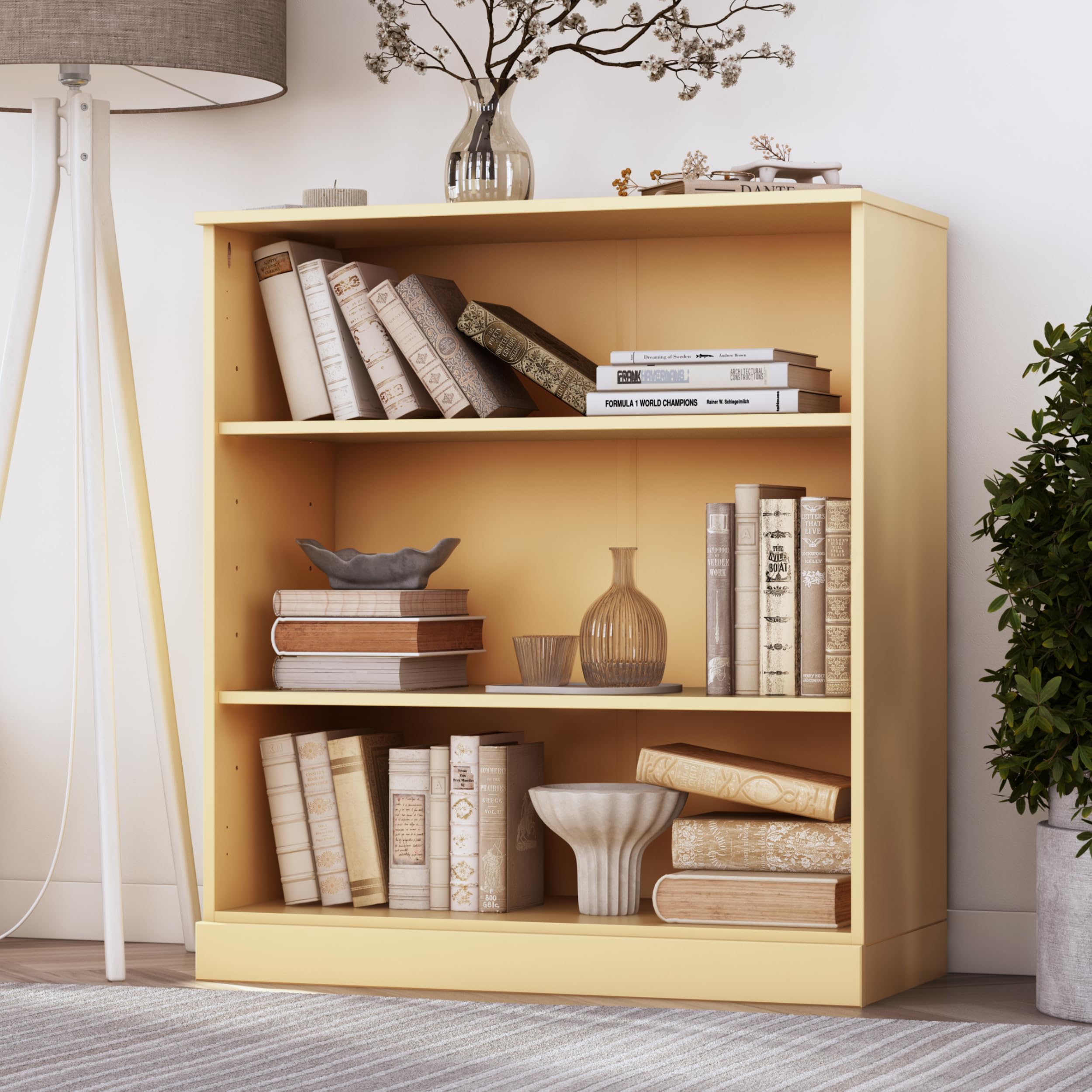 Palace Imports Solid Wood Bookcase - 3 Tier Floor Standing Bookshelf - 36" Short Storage Cabinet, 32” Wide - Yellow, Display Furniture for Living Space, 100% Eco-Friendly Wood, Made in Brazil