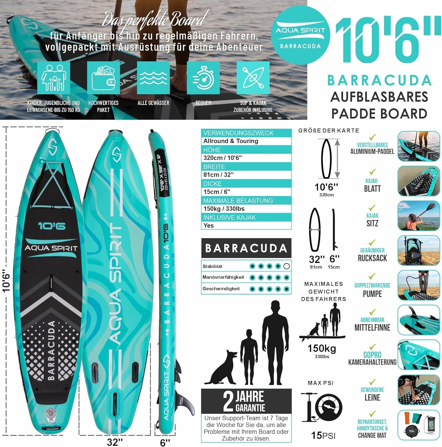 Aqua Spirit SUP Aufblasbares Stand-Up Paddle Board 2024 | 320x81x15cm | Kompletter Kajak-Umbausatz mit Paddel, Rucksack, Pumpe und weiterem Zubehör | Erwachsene Anfänger/Experten | 2 Jahre Garantie