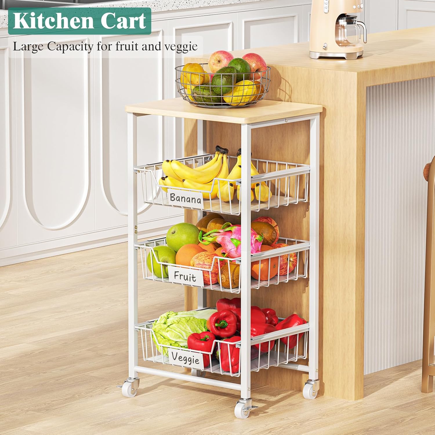 Fruit Vegetable Basket for Kitchen Pantry Storage Organizer, 4-Tier Metal Utility Kitchen Rolling Cart on Wheels with Drawer Rack and Wood Top for Potatoes Onions - Image 2